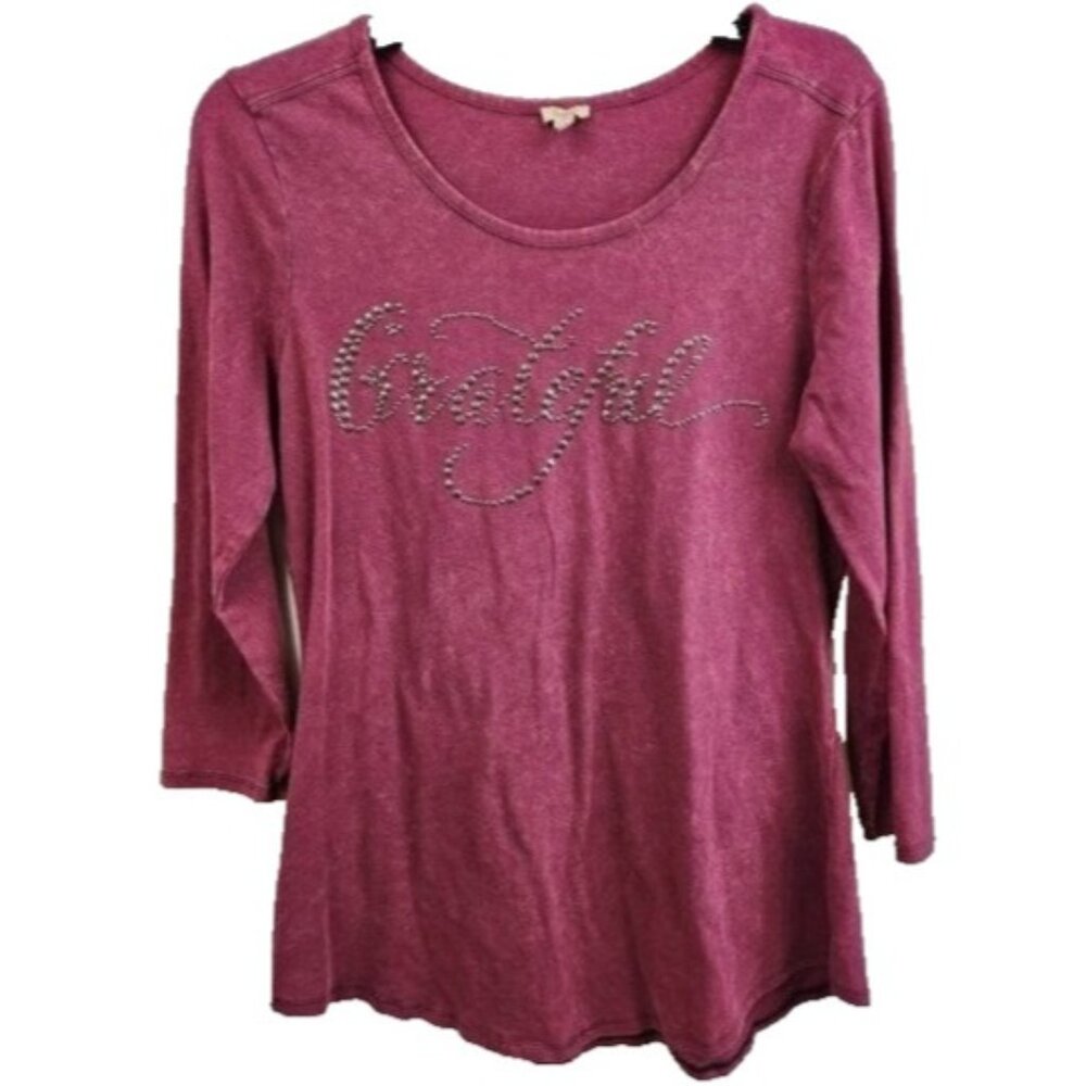 Reba Womens Grateful Tunic Top Medium Maroon Washed Rhinestone 3/4 Sleeve Casual